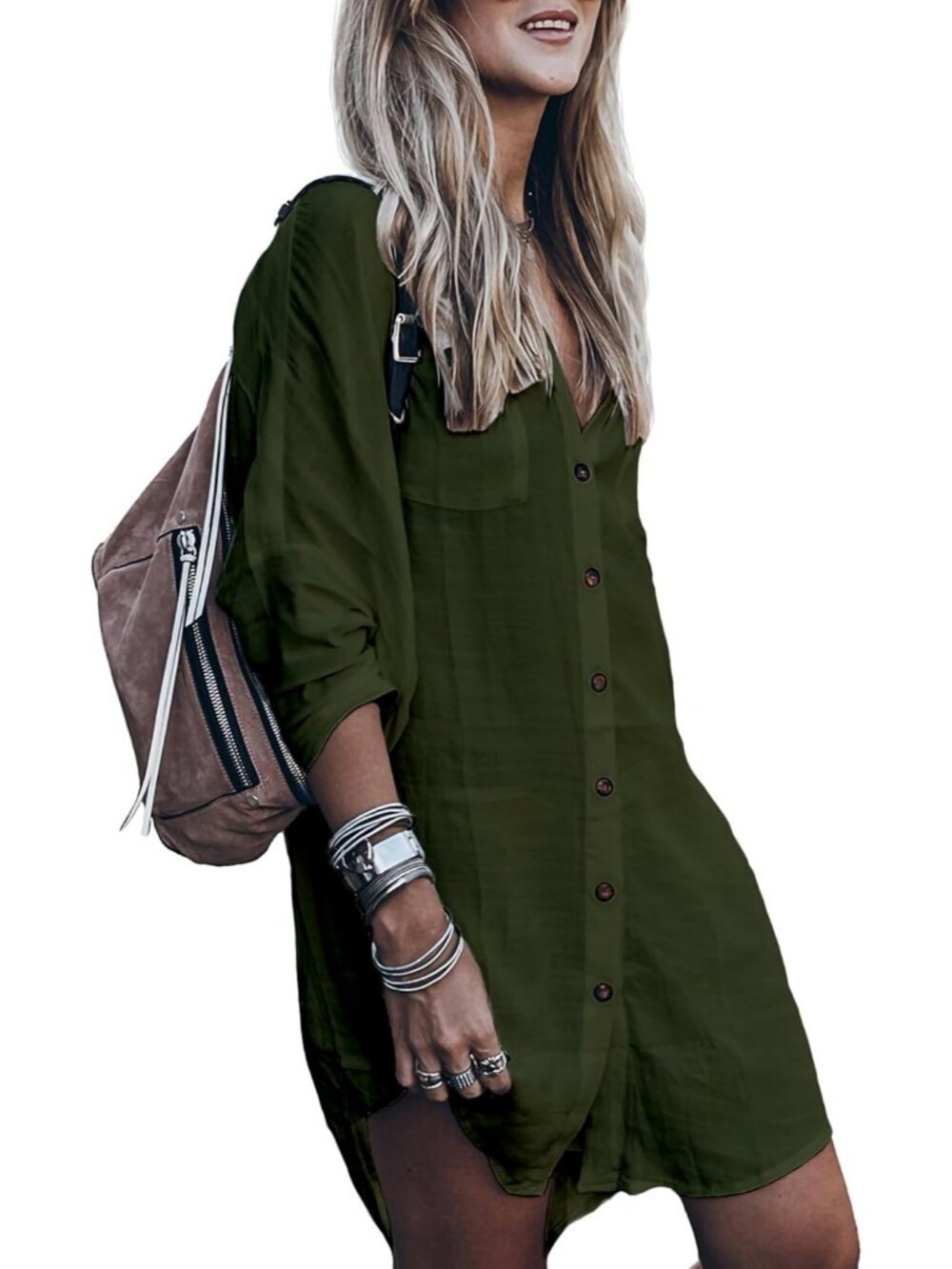 Women Olive Green Viscose Coverup Beach Bathing Suit Coverup Button Down Shirt